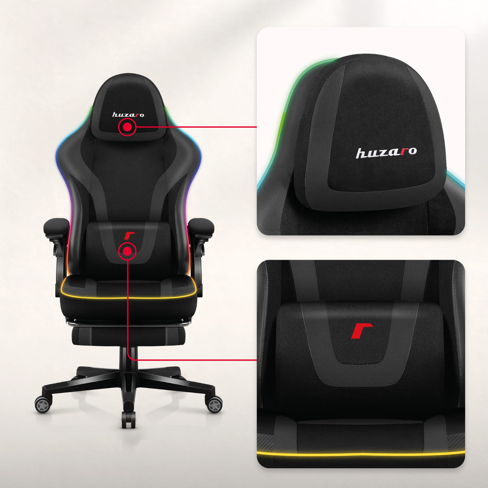 Huzaro Force 4.6 Black Mesh RGB Smart žaidimų kėdė