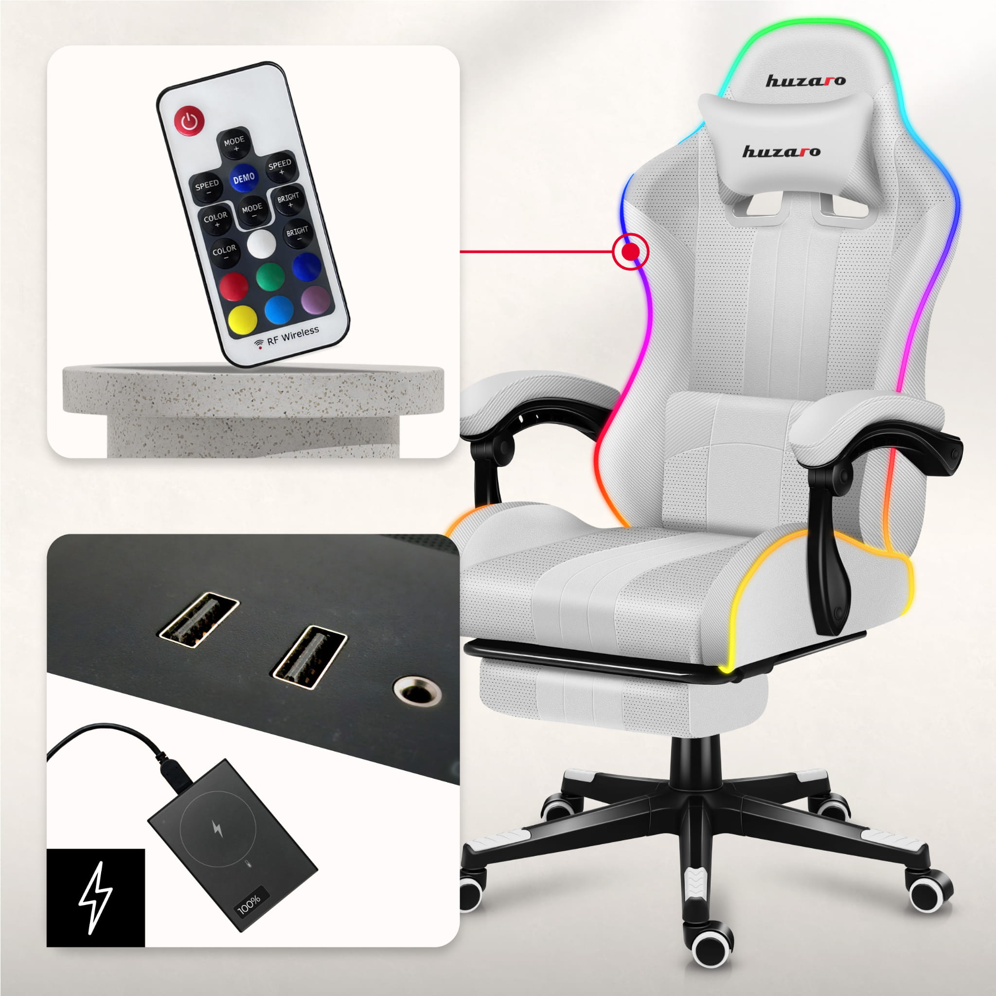 Huzaro Force 4.7 White RGB žaidimų KĖDĖ