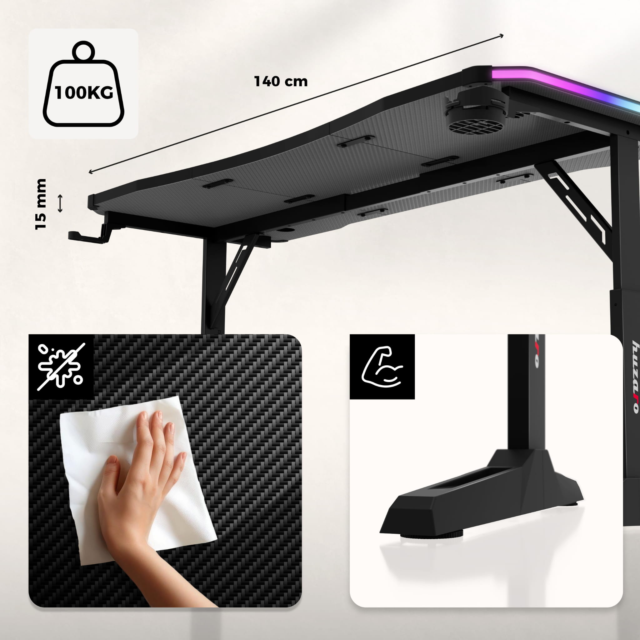 Huzaro Hero 3.6 RGB LED juodas žaidimų stalas