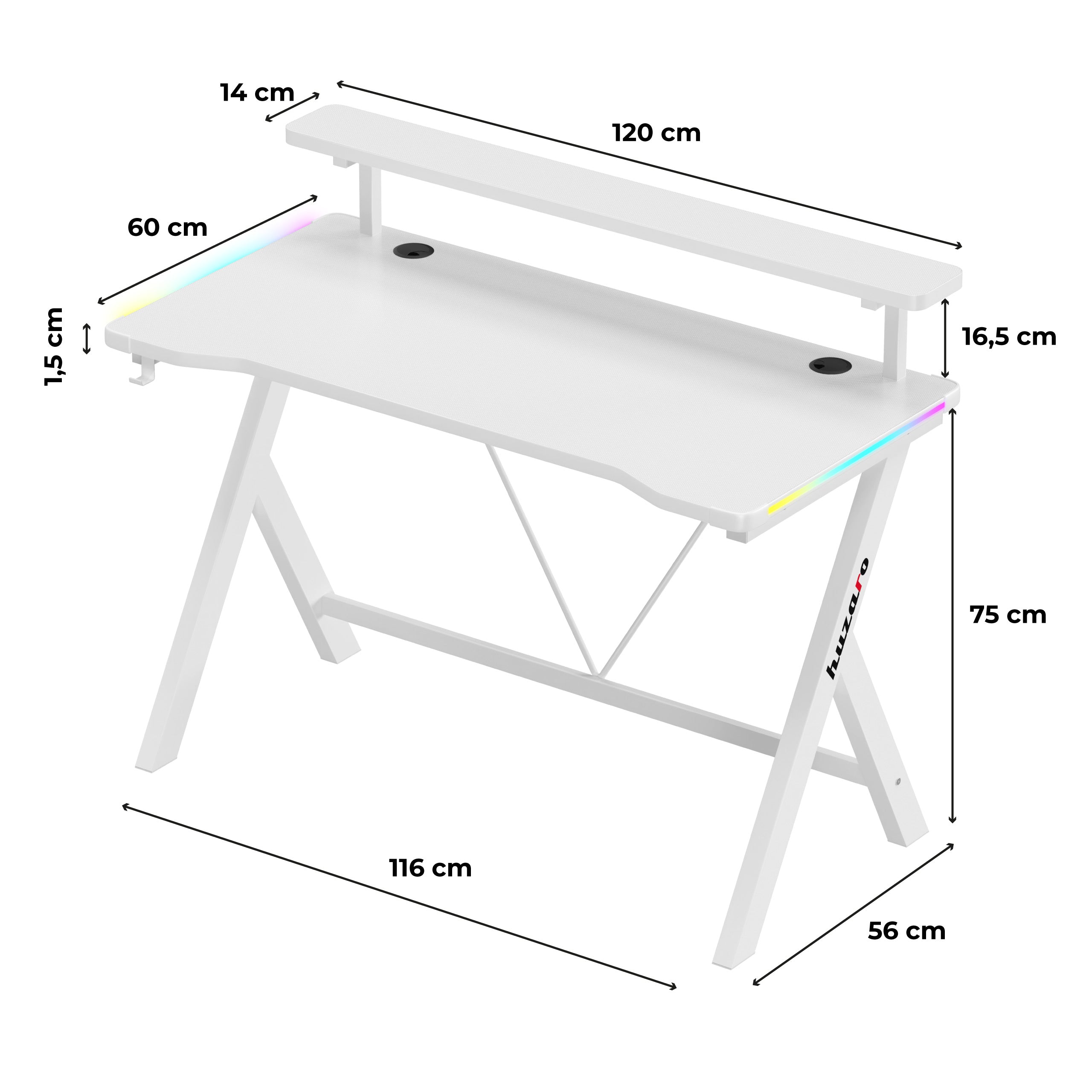 Huzaro Hero 1.9 RGB White 120 cm LED žaidimų stalas