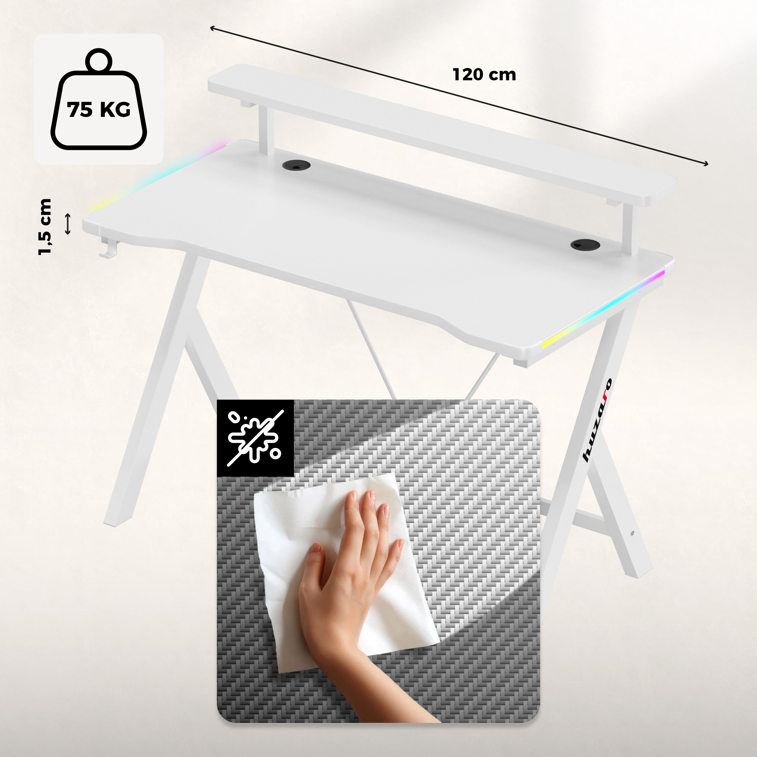 Huzaro Hero 1.9 RGB White 120 cm LED žaidimų stalas