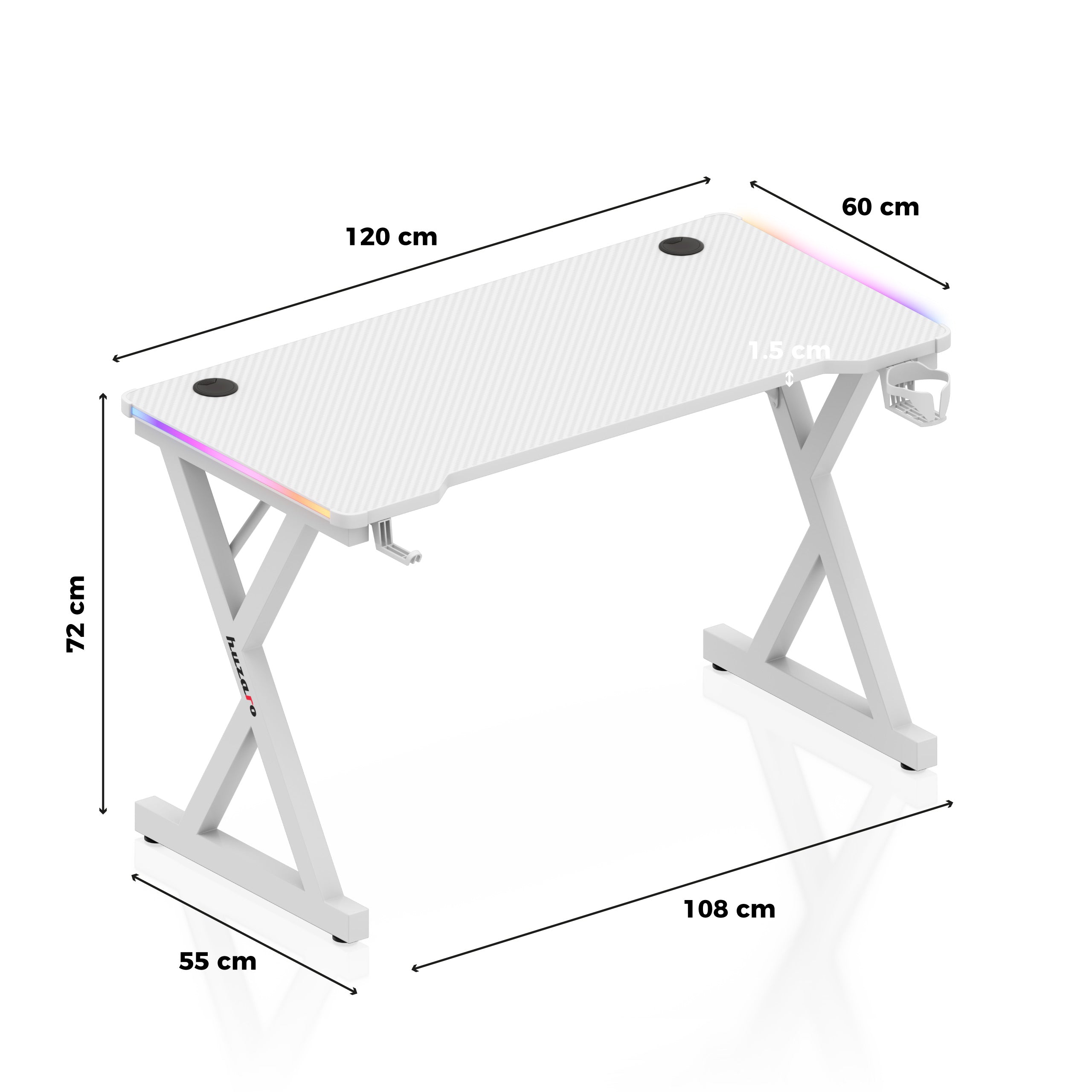 Huzaro Hero 2.3 RGB White 120 cm LED žaidimų stalas