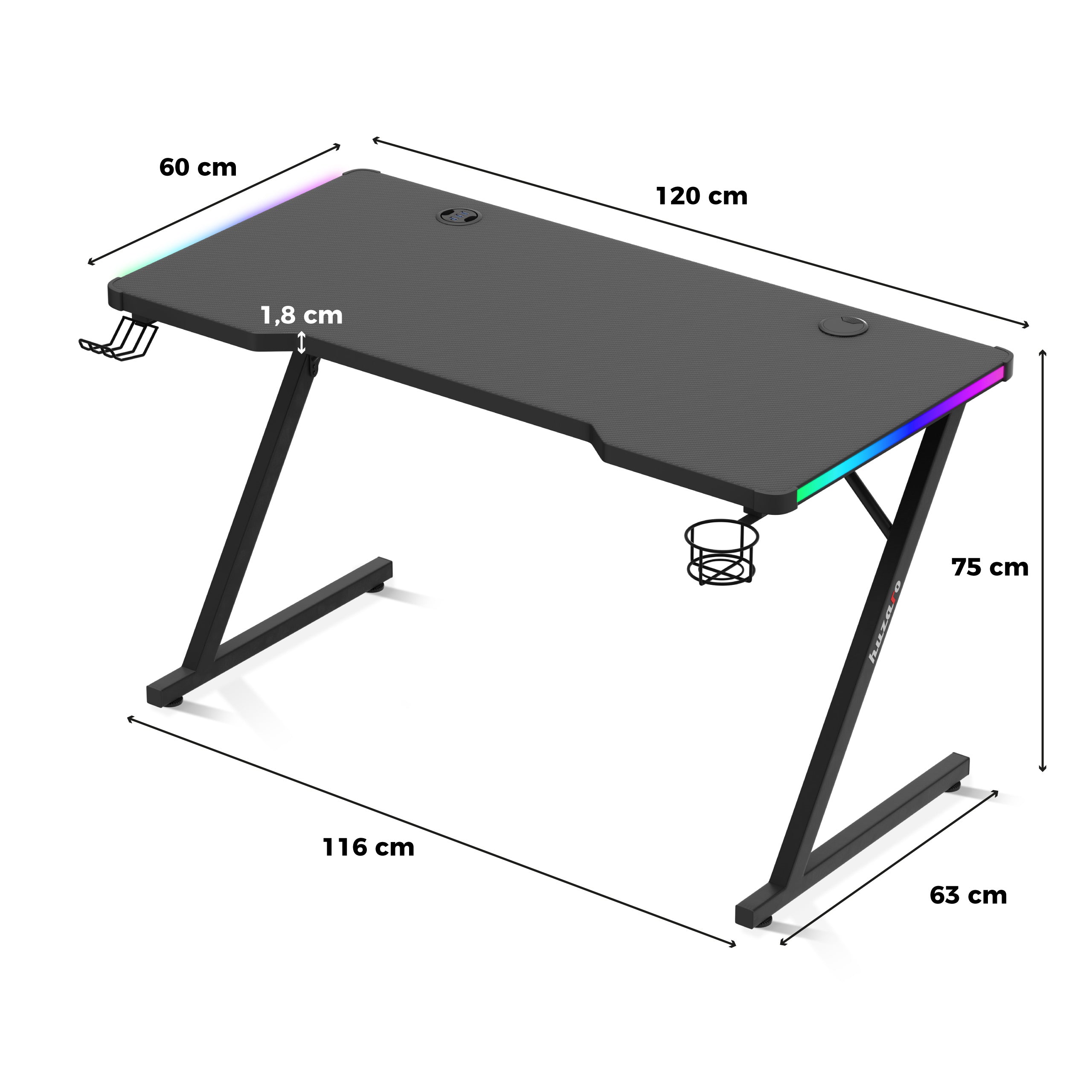 Huzaro Hero 2.5 RGB LED žaidimų stalas