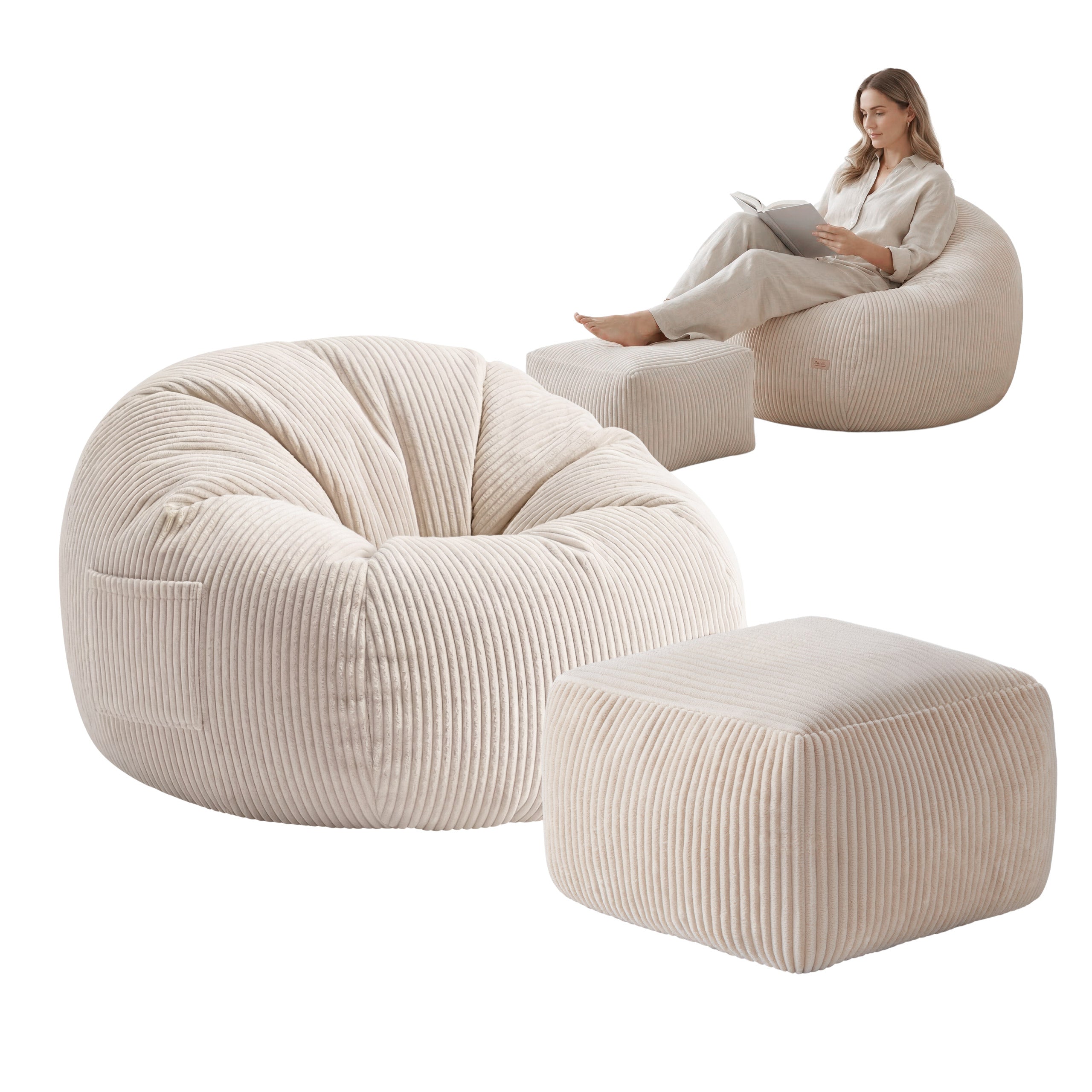 Ruožuoto aksomo sėdmaišis su pakoju Mark Adler Comfy 3.0 Beige