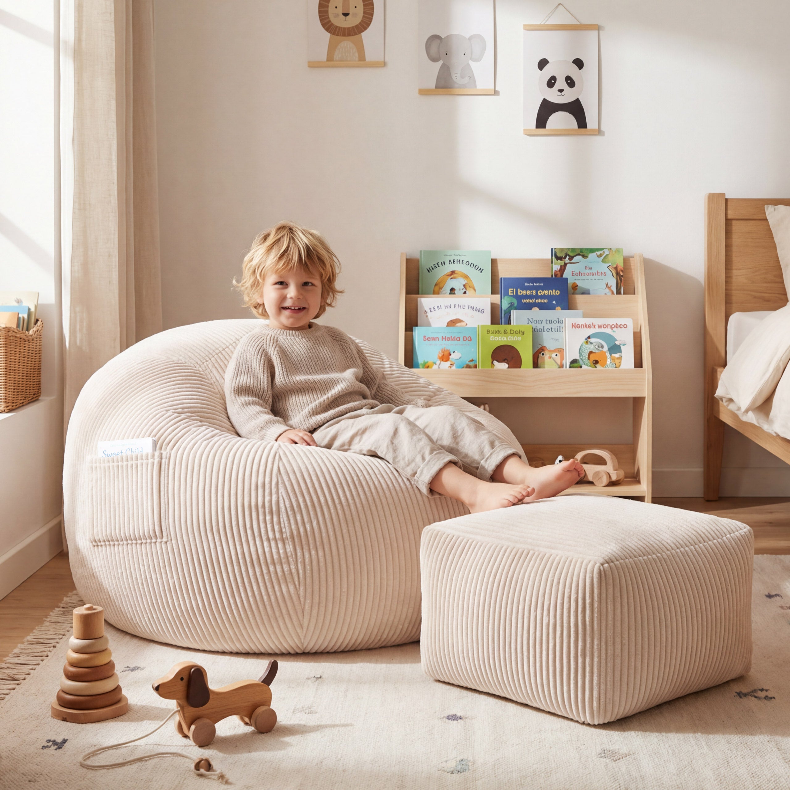 Ruožuoto aksomo sėdmaišis su pakoju Mark Adler Comfy 3.0 Beige