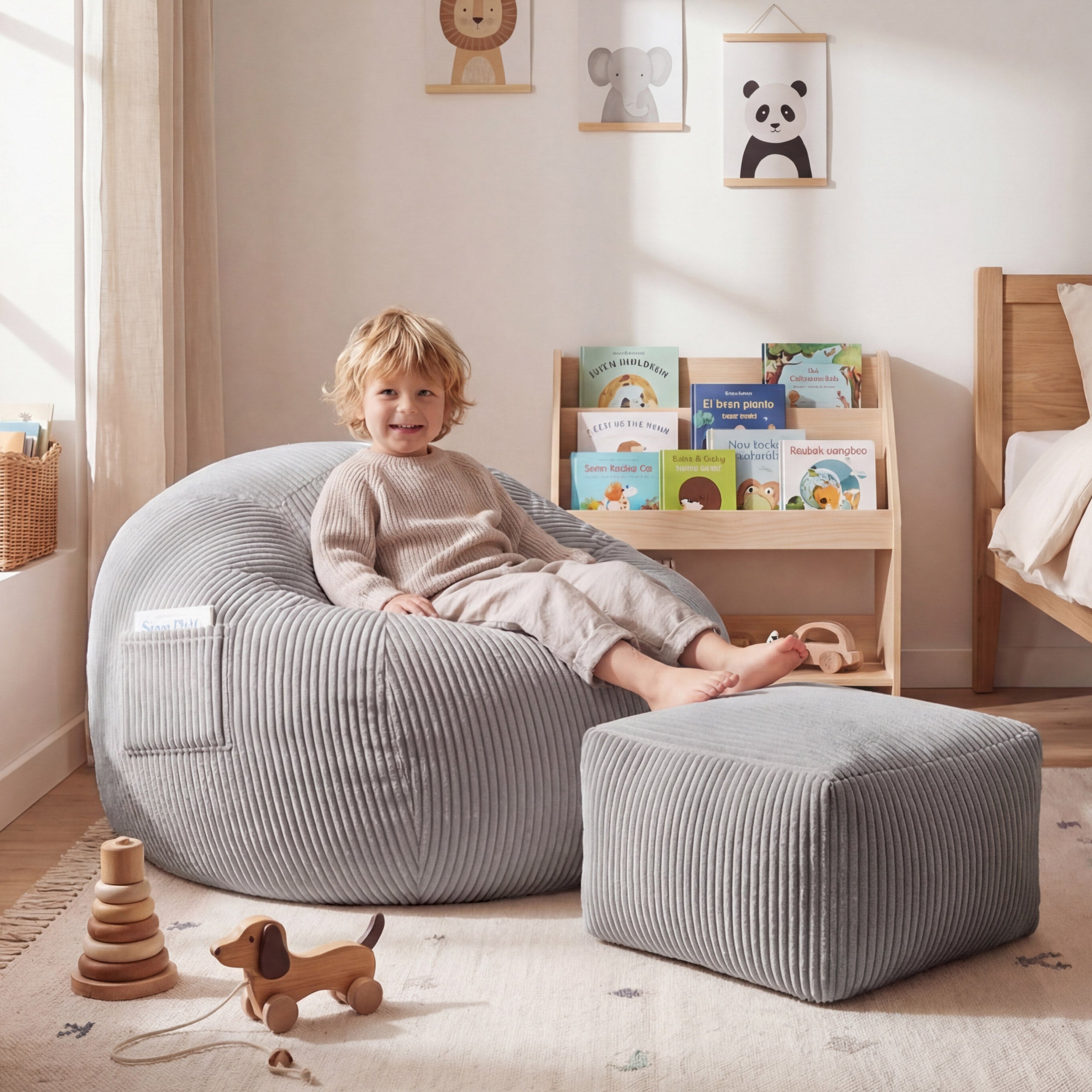 Ruožuoto aksomo sėdmaišis su pakoju Mark Adler Comfy 3.0 Grey