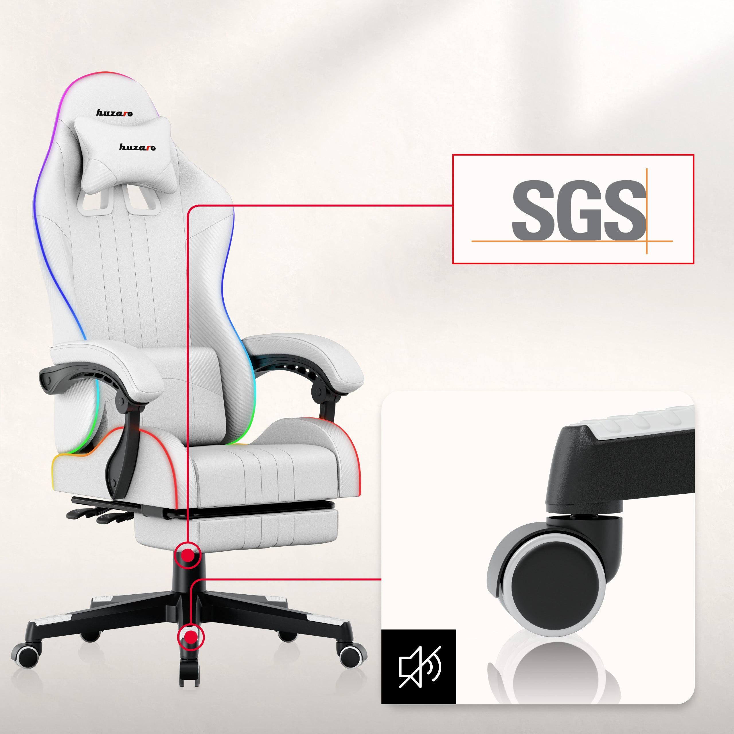 Huzaro Force 4.7 White RGB žaidimų KĖDĖ