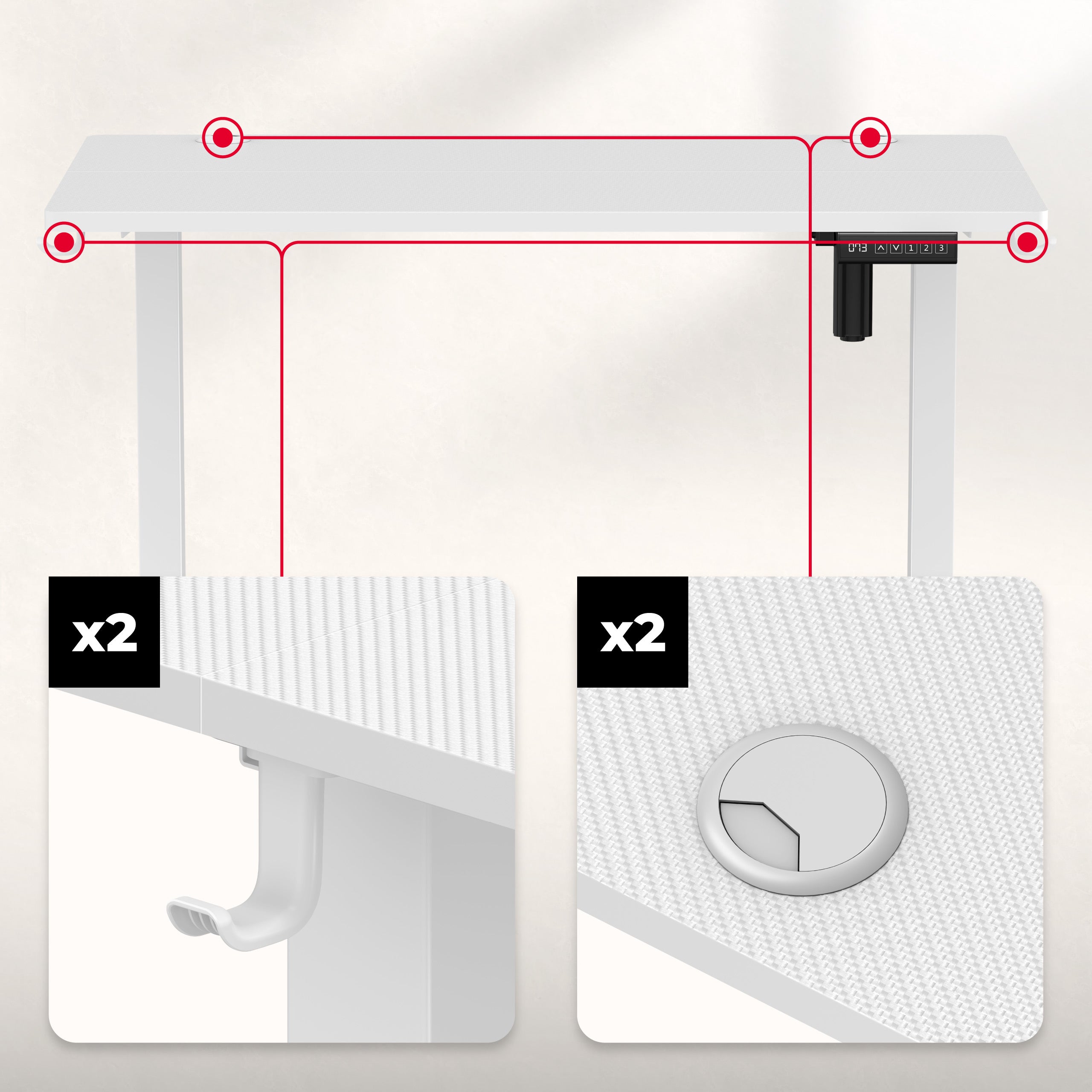 Kabelių įvadai abiejose stalviršio pusėse