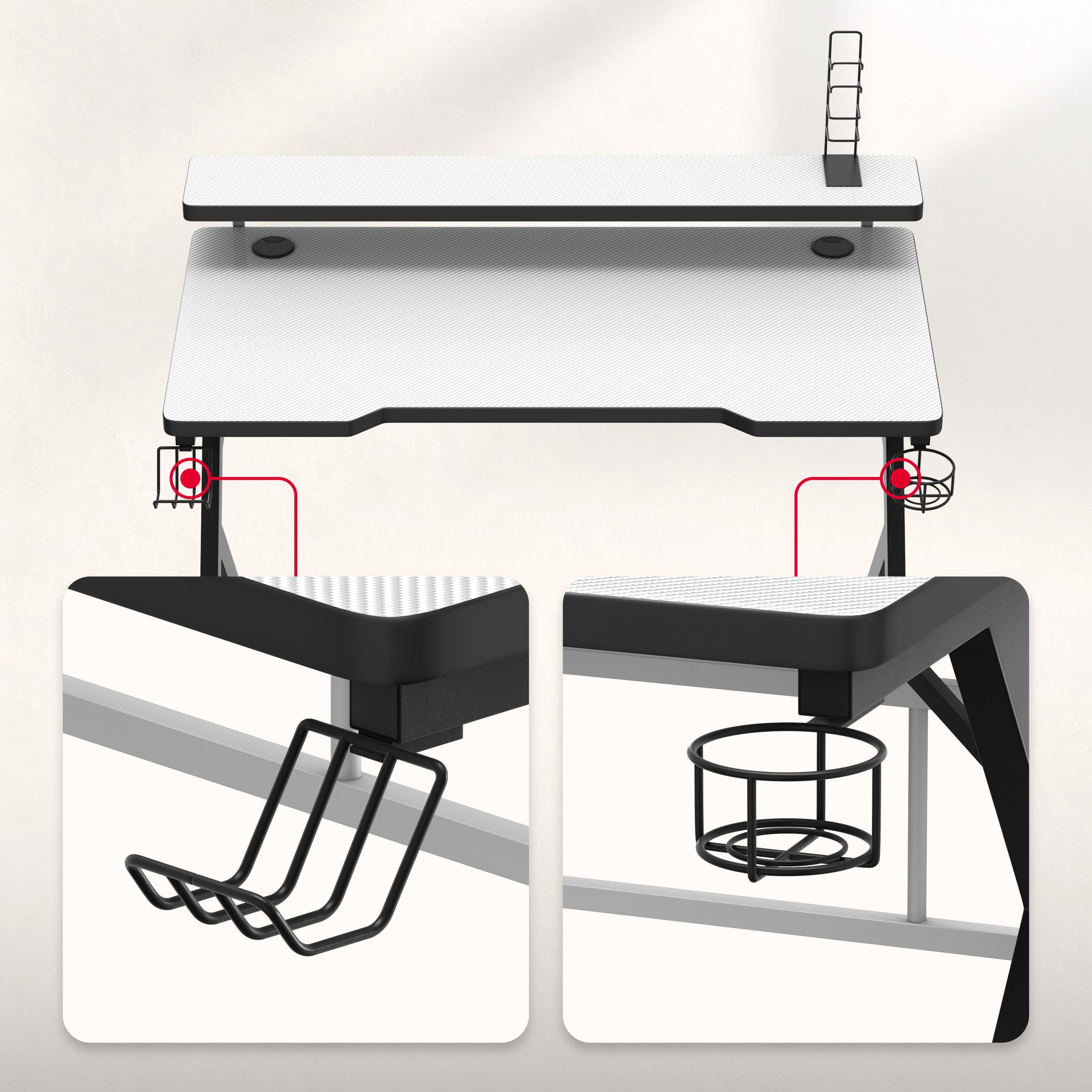 Ausinių laikiklis ir atlenkiamas puodelio laikiklis